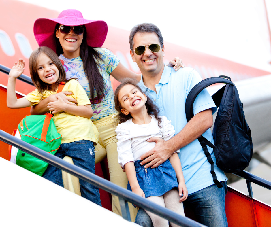 family boarding on a plane